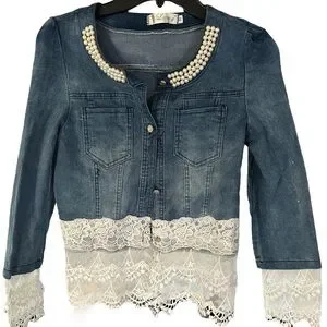 LXXY Jackets Coats Girls Lxxy Denim Lace Trim Pearl Jacket